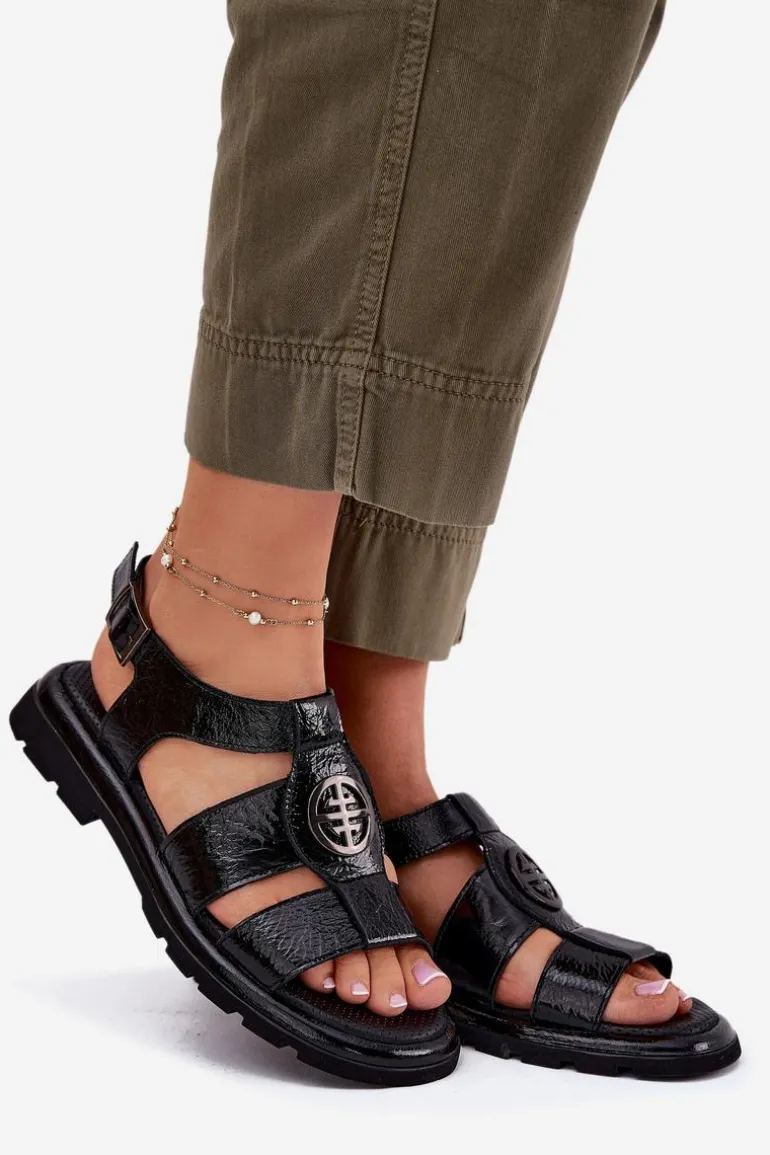 Skórzane Sandały Damskie Lakierowane Z Ozdobnym Detalem Artiker 56C0691 Czarne