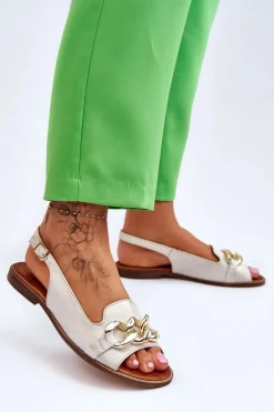 Skórzane Sandały Damskie Lewski Shoes 3230 Beżowo-Złote