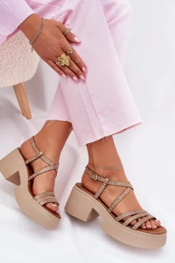 Skórzane Sandały Damskie Maciejka 06990-25 Złote