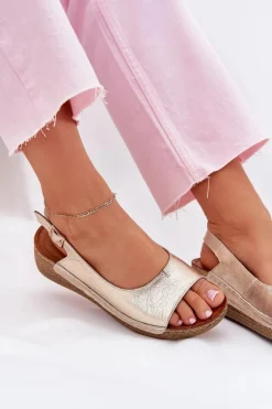 Skórzane Sandały Damskie Na Koturnie Maciejka L7069 -25 Złote