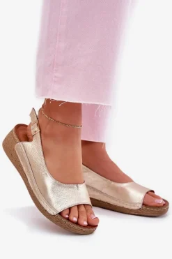 Skórzane Sandały Damskie Na Koturnie Maciejka L7069 -25 Złote