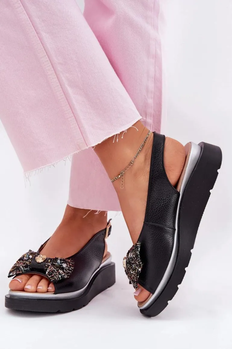 Skórzane Sandały Damskie Na Koturnie Z Kokardą Zazoo 1882 Czarne