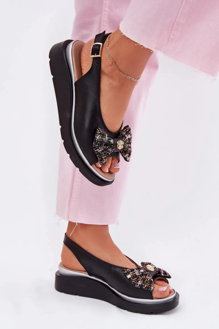 Skórzane Sandały Damskie Na Koturnie Z Kokardą Zazoo 1882 Czarne