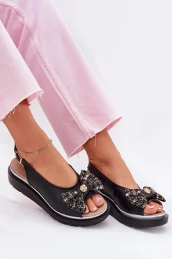 Skórzane Sandały Damskie Na Koturnie Z Kokardą Zazoo 1882 Czarne