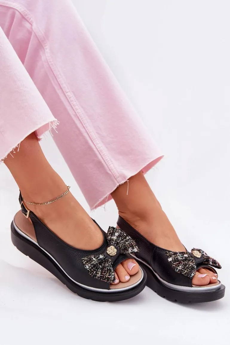 Skórzane Sandały Damskie Na Koturnie Z Kokardą Zazoo 1882 Czarne