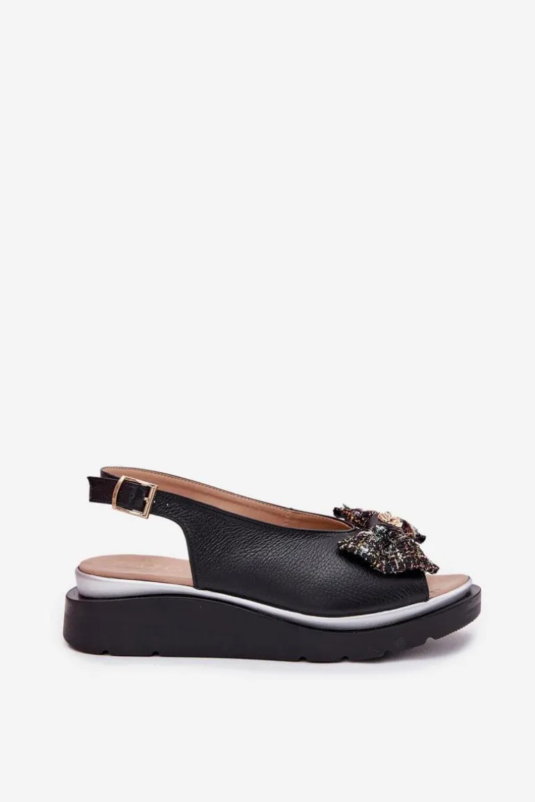 Skórzane Sandały Damskie Na Koturnie Z Kokardą Zazoo 1882 Czarne