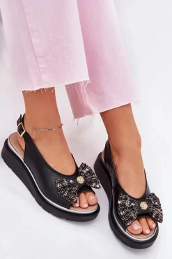 Skórzane Sandały Damskie Na Koturnie Z Kokardą Zazoo 1882 Czarne