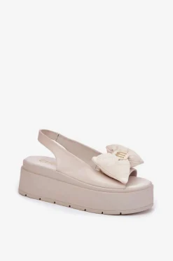 Skórzane Sandały Damskie Na Platformie Z Kokardą CheBello 4641 Beżowe