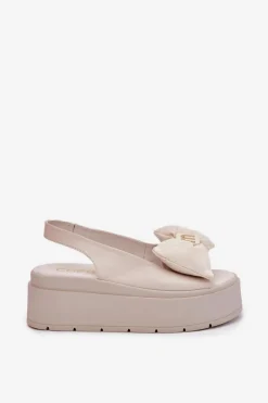 Skórzane Sandały Damskie Na Platformie Z Kokardą CheBello 4641 Beżowe