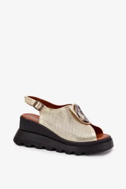 Skórzane Sandały Damskie Na Koturnie Z Ozdobą Artiker 56C0109 Złote