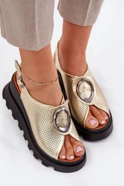 Skórzane Sandały Damskie Na Koturnie Z Ozdobą Artiker 56C0109 Złote