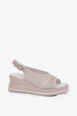 Skórzane Sandały Damskie Na Koturnie S.Barski LR51-660 Beżowe