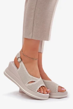 Skórzane Sandały Damskie Na Koturnie S.Barski LR51-660 Beżowe