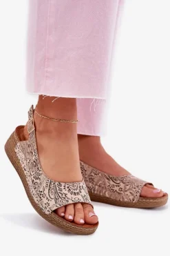 Skórzane Sandały Damskie Na Koturnie Maciejka L7069-04 Beżowe