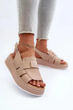 Skórzane Sandały Damskie Na Platformie I Koturnie Ciemnobeżowe Vivitellia