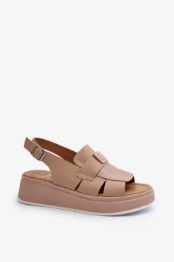 Skórzane Sandały Damskie Na Platformie I Koturnie Ciemnobeżowe Vivitellia