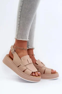 Skórzane Sandały Damskie Na Platformie I Koturnie Ciemnobeżowe Vivitellia