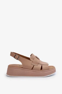 Skórzane Sandały Damskie Na Platformie I Koturnie Ciemnobeżowe Vivitellia