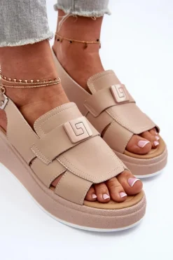 Skórzane Sandały Damskie Na Platformie I Koturnie Ciemnobeżowe Vivitellia