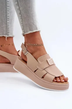 Skórzane Sandały Damskie Na Platformie I Koturnie Ciemnobeżowe Vivitellia