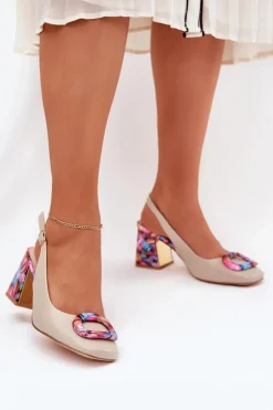 Skórzane Sandały Damskie Na Słupku D&A CR51-002 Beżowe