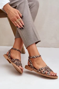 Skórzane Sandały Damskie Na Płaskim Obcasie Panterka Zazoo 3688 Brązowe