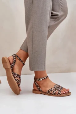 Skórzane Sandały Damskie Na Płaskim Obcasie Panterka Zazoo 3688 Brązowe