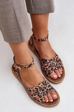 Skórzane Sandały Damskie Na Płaskim Obcasie Panterka Zazoo 3688 Brązowe