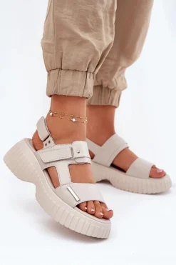 Skórzane Sandały Damskie Na Platformie Beżowe Mertella