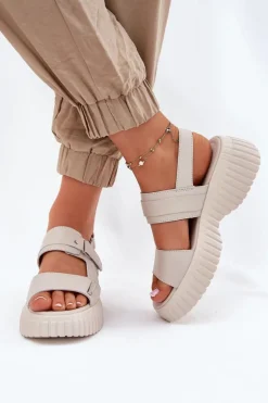 Skórzane Sandały Damskie Na Platformie Beżowe Mertella