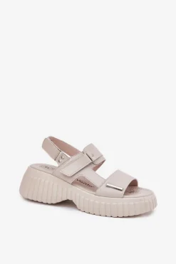 Skórzane Sandały Damskie Na Platformie Beżowe Mertella