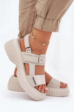 Skórzane Sandały Damskie Na Platformie Beżowe Mertella