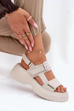 Skórzane Sandały Damskie Na Platformie Beżowe Mertella