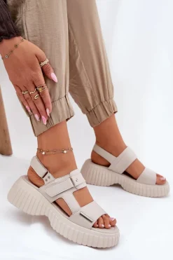 Skórzane Sandały Damskie Na Platformie Beżowe Mertella