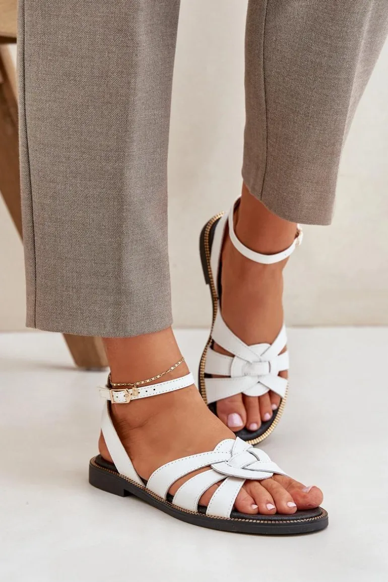 Skórzane Sandały Damskie Na Płaskim Obcasie Zazoo 3688 Białe