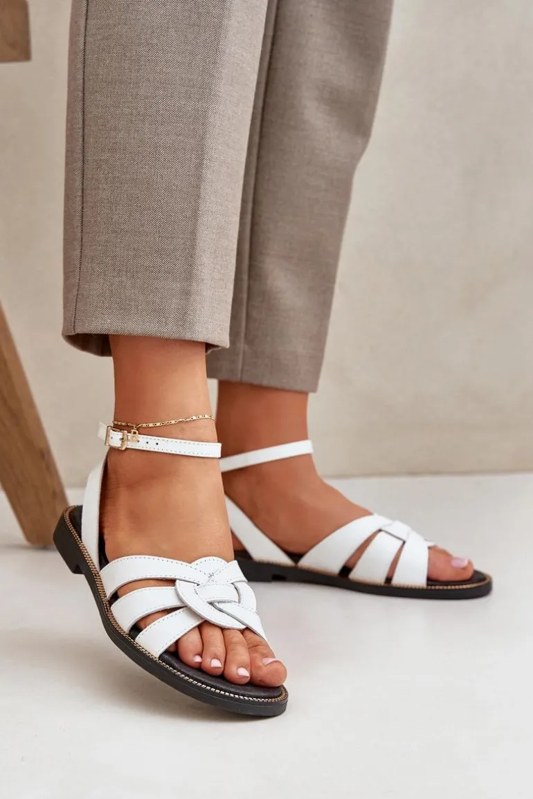 Skórzane Sandały Damskie Na Płaskim Obcasie Zazoo 3688 Białe