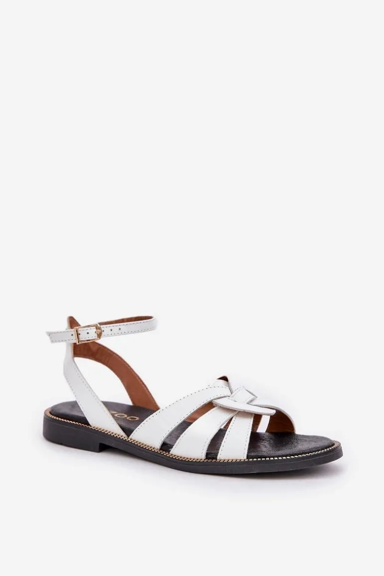Skórzane Sandały Damskie Na Płaskim Obcasie Zazoo 3688 Białe