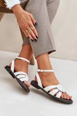 Skórzane Sandały Damskie Na Płaskim Obcasie Zazoo 3688 Białe