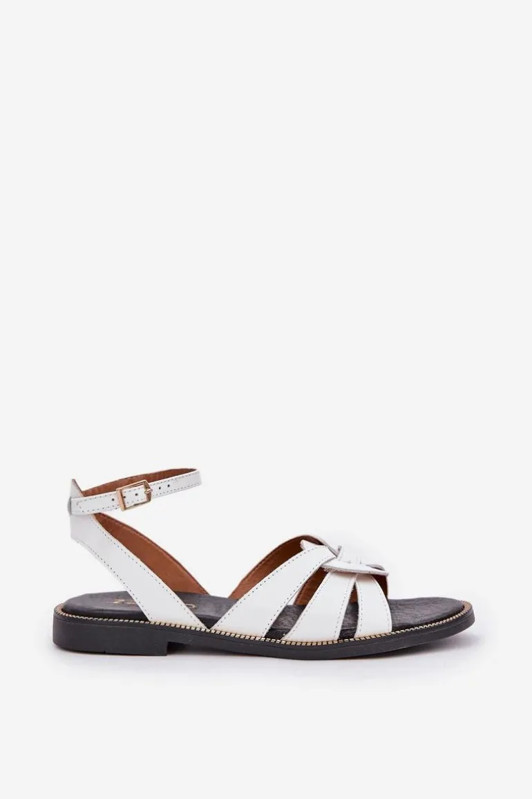 Skórzane Sandały Damskie Na Płaskim Obcasie Zazoo 3688 Białe