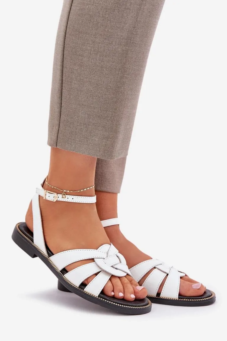 Skórzane Sandały Damskie Na Płaskim Obcasie Zazoo 3688 Białe