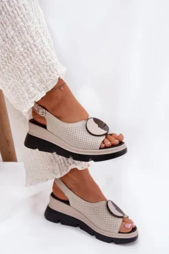 Skórzane Sandały Damskie Na Koturnie Z Ozdobą S.Barski LR51-788 Beżowe