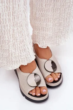 Skórzane Sandały Damskie Na Koturnie Z Ozdobą S.Barski LR51-788 Beżowe