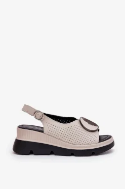 Skórzane Sandały Damskie Na Koturnie Z Ozdobą S.Barski LR51-788 Beżowe