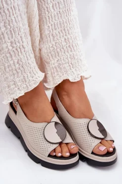 Skórzane Sandały Damskie Na Koturnie Z Ozdobą S.Barski LR51-788 Beżowe