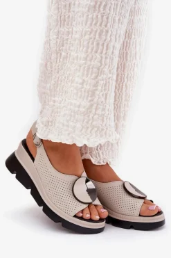 Skórzane Sandały Damskie Na Koturnie Z Ozdobą S.Barski LR51-788 Beżowe