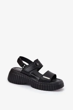 Skórzane Sandały Damskie Na Platformie Czarne Mertella