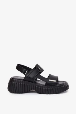 Skórzane Sandały Damskie Na Platformie Czarne Mertella