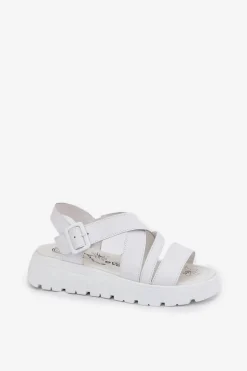 Skórzane Sandały Damskie Na Platformie Z Klamrą Białe Selianae