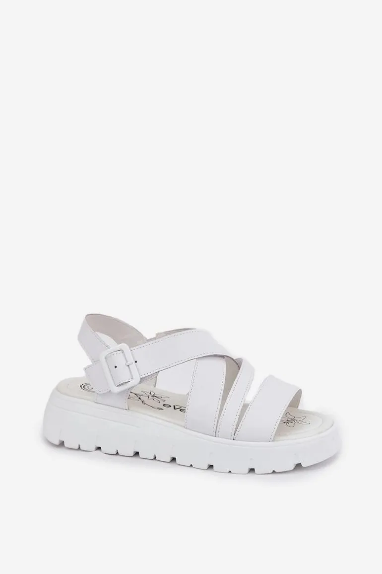 Skórzane Sandały Damskie Na Platformie Z Klamrą Białe Selianae