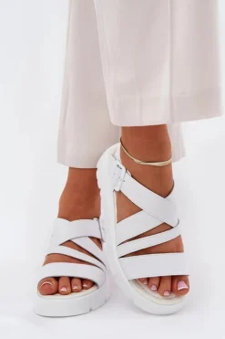 Skórzane Sandały Damskie Na Platformie Z Klamrą Białe Selianae